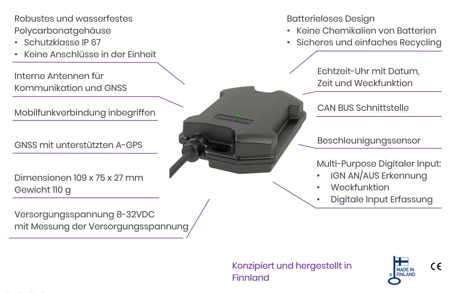 Aplicom T10 telematikgerät mit CAN, technische Daten